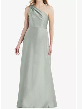 Dessy Group Sage Pleated Draped One-Shoulder Satin Maxi Dress w/ Pockets - size8